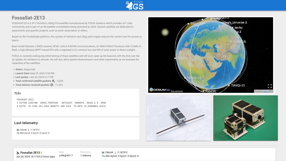 tiny__GS's tweet image. Currently FossaSat-2E13 🛰️is the lowest altitude satellite we track in #tinyGS 📡

Perigee:  317.8 km
Apogee:  330.7 km 

Days in orbit 605 , Will it last two years? 💪