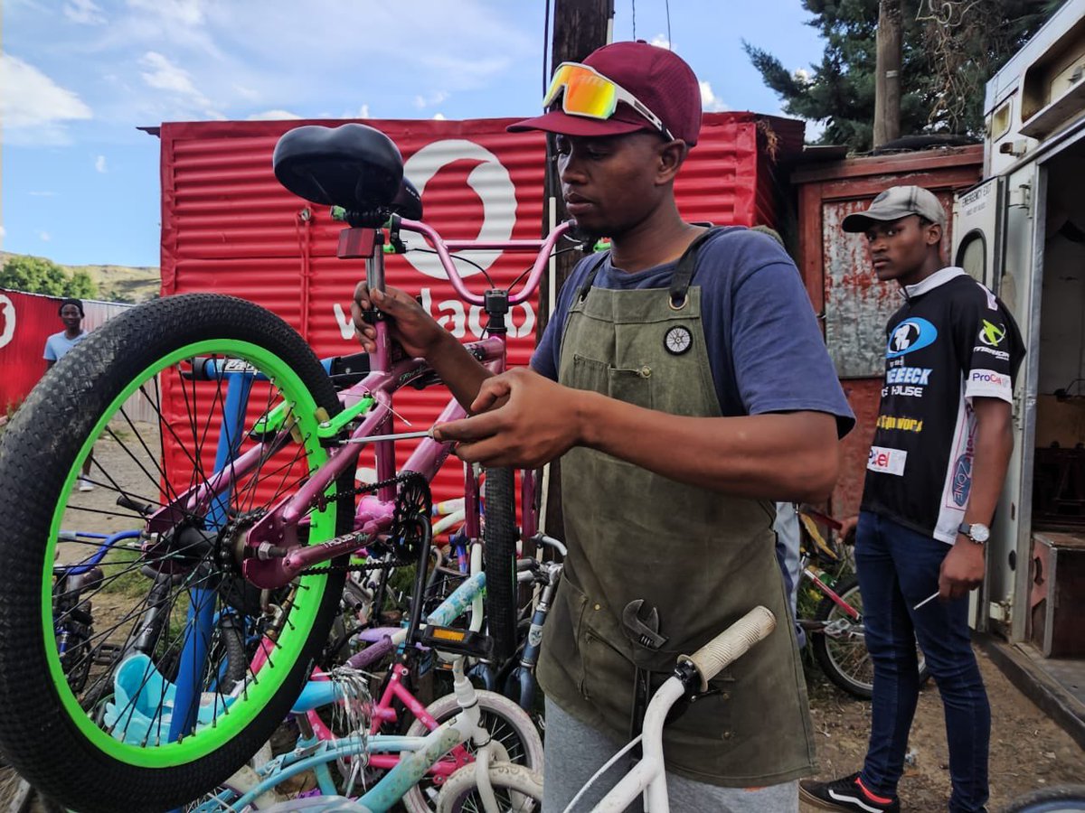 HandsCycling's tweet photo. Our  partner, Red Hoek Cycles in  Mohaleshoek,  got a shipment of 120 bikes from the USA. Some have already donated to St Camillus child care center to teach kids cyclin. Part of the bikes will be sold to fund local charities, and the rest donated to local youth. https://t.co/LW5Ts7Rhlz