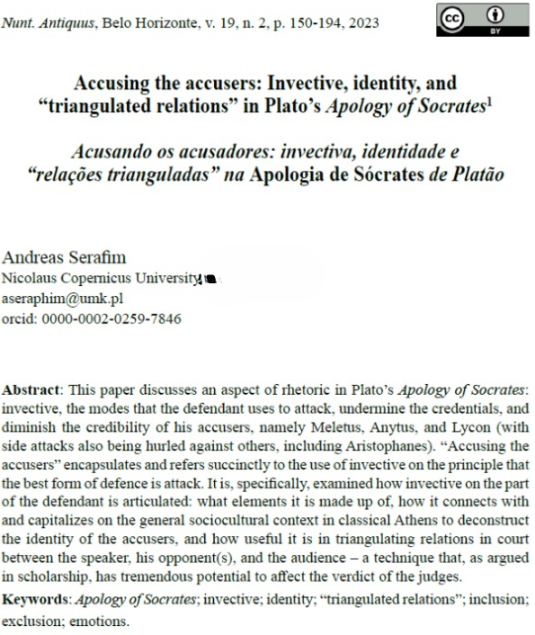 AndreasSeraphi1's tweet photo. I am glad that this paper has finally come out! #research #researchpaper #university #rhetoric #persuasion #invective #Politics #socrates #Classics #Classics_Twitter https://t.co/4fpgqFVeJL