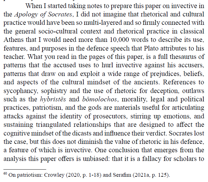 AndreasSeraphi1's tweet photo. I am glad that this paper has finally come out! #research #researchpaper #university #rhetoric #persuasion #invective #Politics #socrates #Classics #Classics_Twitter https://t.co/4fpgqFVeJL