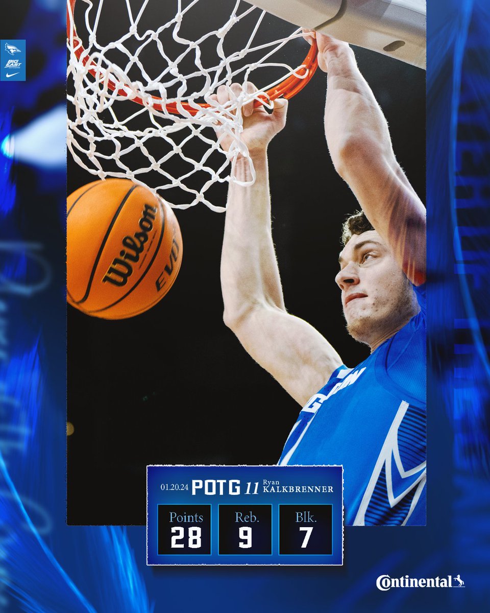 BluejayMBB's tweet photo. Today's @continentaltire Player of the Game goes to @RyanKalkbrenner!

New Career-High 7 Blocks! 

#GoJays https://t.co/6Swmgt72Ig