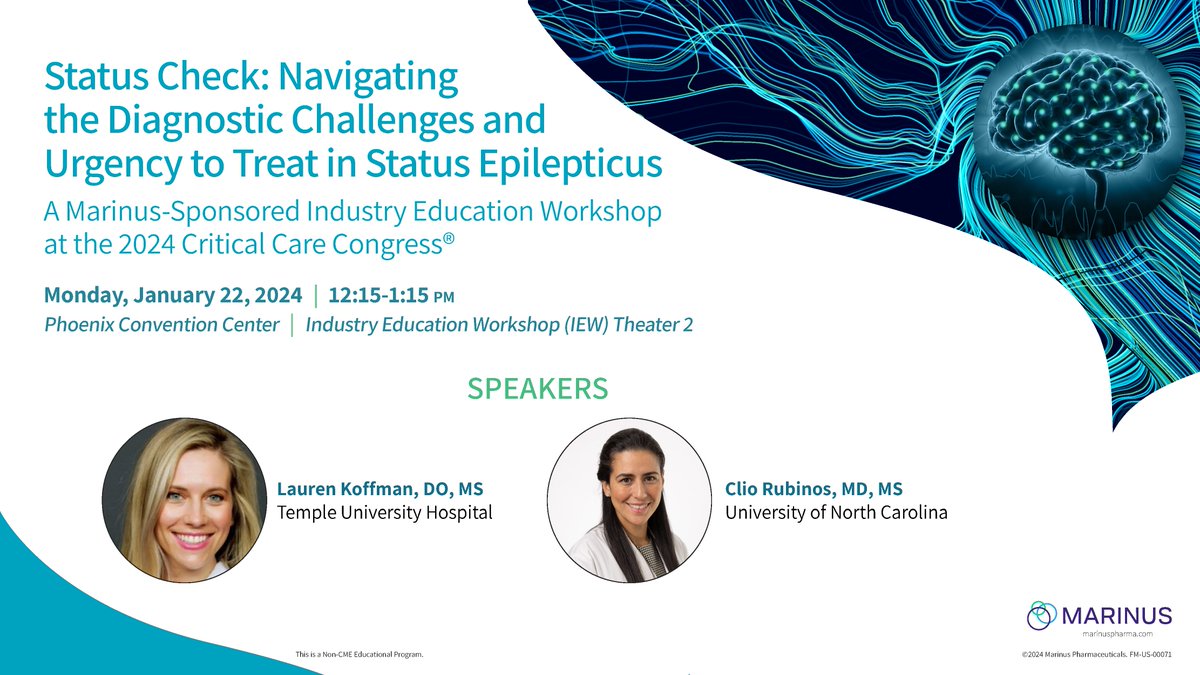 SCCM's tweet image. #Sponsored Learn more about Status Epilepticus diagnostic challenges and why #timeisbrain with @LaurenKoffman and @Rubinorth at the @MarinusPharma Industry Education Workshop #SCCM2024!