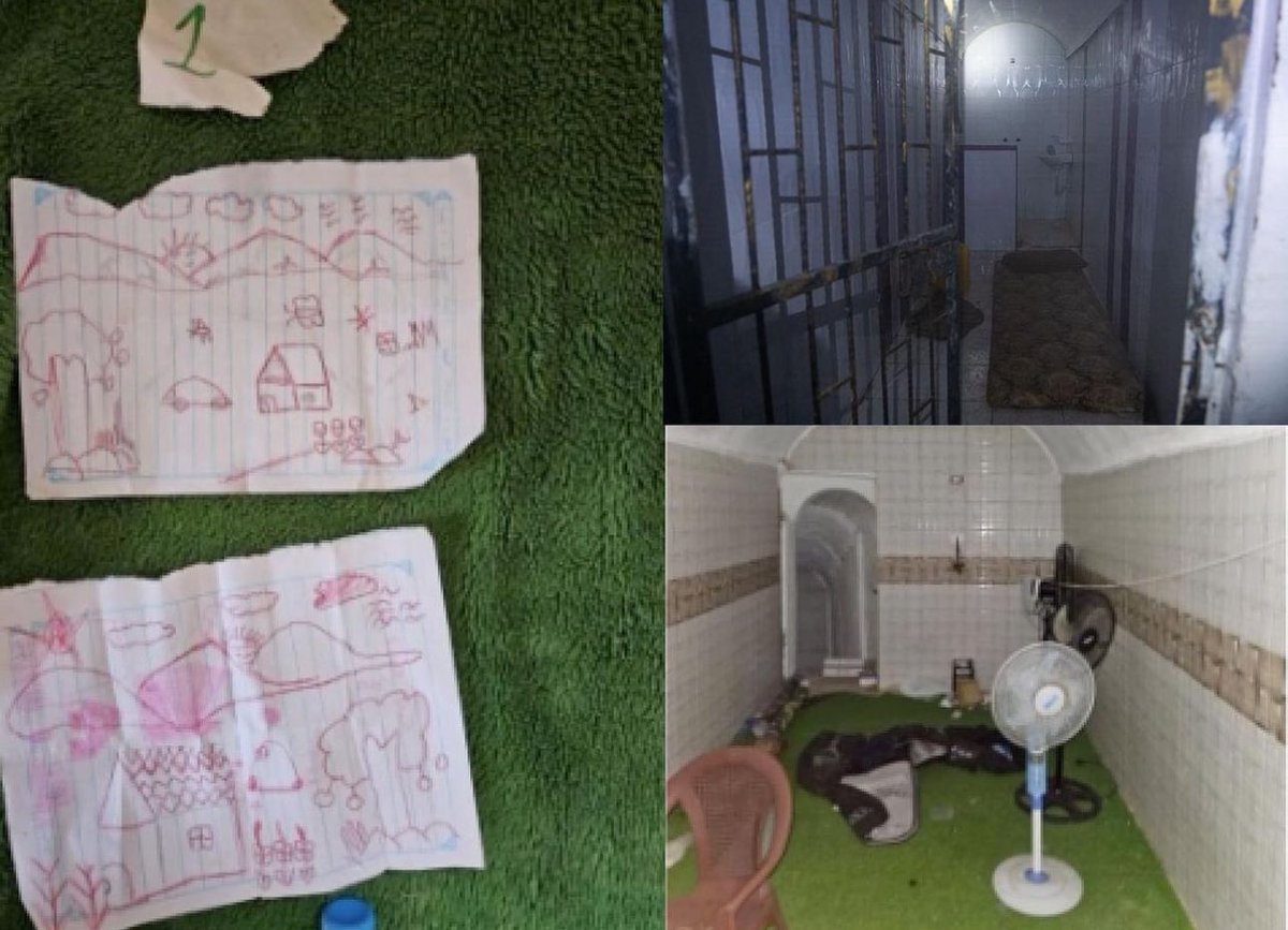 The IDF discovered a tunnel where child hostages were held by Hamas, with drawings by 5 year-old released hostage Emilia Aloni. They found cages where babies were held. One baby is still held in a cage like this one, by the monsters of Hamas. What if it was your child?
