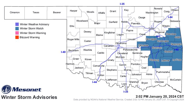 zachstanford's tweet photo. A Winter Storm Watch has been issued for parts of east central Oklahoma, for the possibility of freezing rain accumulations near a quarter inch from Sunday evening through Monday morning. Hazardous travel conditions will be possible during the Monday morning commute. #OKwx #OKice https://t.co/gqUTt1IbGm