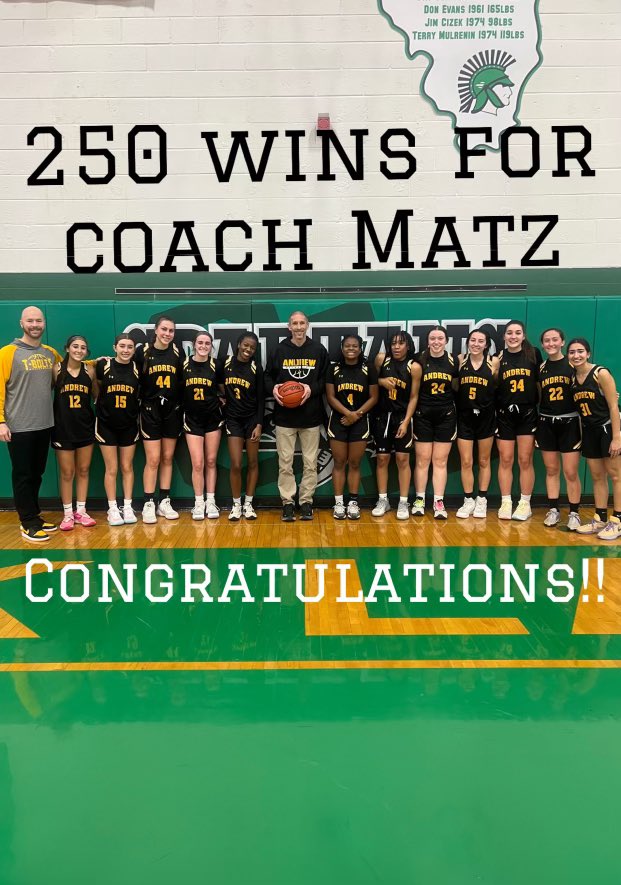Congratulations to Head Coach Bobby Matz from <a href="/vjagirlsbball/">VJA Girls Basketball</a> on registering his 250th Career Win for the T-Bolts

We are grateful for your dedication and leadership to the program 

<a href="/AbirOthman/">Dr. Abir Othman</a> <a href="/AndrewHS_d230/">Victor J. Andrew High School</a> <a href="/CHSD230/">District 230</a>