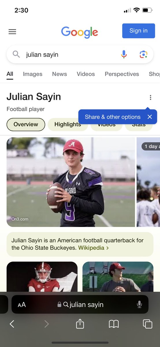 OhioStateFBChat's tweet photo. Sounds like Julian Sayin will be officially committing today or tomorrow to Ohio State.

ON3 just crystal balled him to OSU. Google Search Engines if you type Julian Sayin already recognize he is an OSU QB. Sayin name is in the OSU student database.

Just need to make it official https://t.co/FYbypQsjty