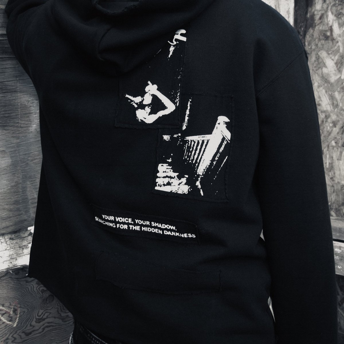 DamagedWallflow's tweet photo. ‘INTO THE VOID’ Patchwork Hoodie

- 16oz french terry cotton
- Screen printed patches
- 3 unique pins

Love this piece https://t.co/YVg5ZndLIp