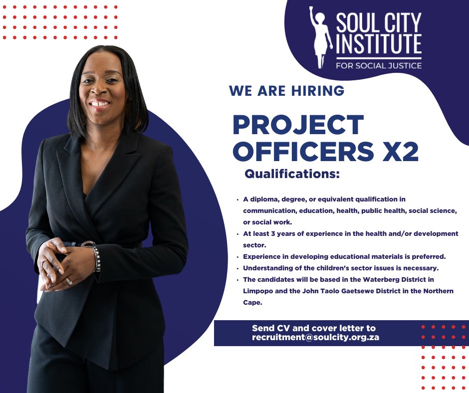 SoulCity_SA's tweet image. Looking for an exciting opportunity? Join our team as a Projects Officer and make a positive impact. Apply by 26th Jan 2024, 16h30. Send your CV and cover letter to recruitment@soulcity.org.za.
#JobSeekersSA #JobsSA #Job