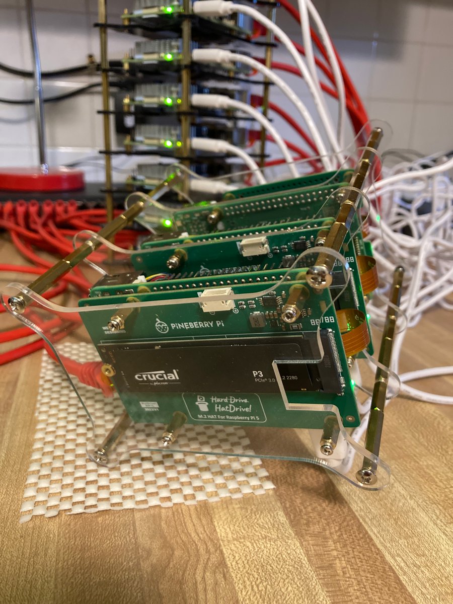 This is how I save over $1000/mo on compute, storage, and bandwidth costs for my AI side projects: a total of 52 CPU cores, 104GB RAM, 3TB NVMe, unlimited ingress/egress, and less than 100W power consumption.

The taller cluster runs API servers built with the Transformer.js