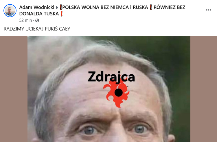 piotr4913's tweet photo. Poznajcie Adama Wodnickiego z Bydgoszczy.
https://t.co/yBrdMh8nLr
Adam chce zamordować Donald Tusk - rajcuje go widok zakrwawionej dziury w głowie premiera.
Adam radzi premierowi aby uciekał wypowiadając się w imieniu bliżej niezidentyfikowanej grupy osób - "RADZIMY UCIEKAJ PUKIŚ CAŁY"
Adam chce być sławny, będzie.
Czy Adam podwijając ogonek będzie uciekał przed wymiarem sprawiedliwości? Zobaczymy.
@OmzRi @ObywateleRP @Wyborcza_Bydgo @BydgoszczyW 
@PK_GOV_PL @PolskaPolicja 
@technicznybdg czy możesz oznaczyć odpowiednie służby ze swojej okolicy?