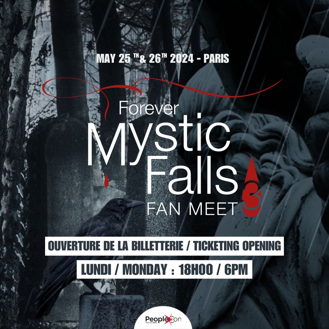peoplecons's tweet photo. ✨Forever Mystic Falls Fan Meet ✨

🇫🇷 C’est avec plaisir que nous vous dévoilons la 3ème édition du Forever Mystic Falls Fan Meet qui aura lieu les 25 et 26 mai 2024 à Paris (CourbevoiEvent, 7 Boulevard Aristide Briand, Courbevoie). 🧛‍♂️

Ce Fan Meet accueillera au total 4 guests et on vous donne rendez-vous dès demain à 18h pour l’annonce des 2 premiers guests ! ⭐️

🚨 Ouverture de la billetterie lundi 22 janvier à 18h 🚨

Retrouvez toutes les infos, nouveautés et tarifs juste ici ➡️ https://t.co/NSYncAxUSu

***

🇬🇧 It is with pleasure that we announce the 3rd edition of the Forever Mystic Falls Fan Meet which will take place on May 25 and 26, 2024 in Paris (CourbevoiEvent, 7 Boulevard Aristide Briand, Courbevoie). 🧛‍♂️

This Fan Meet will welcome a total of 4 guests, and we’ll see you tomorrow at 6pm for the announcement of the first 2 guests. ⭐️

🚨 Opening of the ticketing Monday, January 22 at 6 pm 🚨

Find all the information, news and prices here ➡️ https://t.co/uHQyF8DA4D
