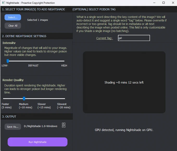 nightshadeを試しました ・glazeと同じ使用感 ・glaze同様GPUを食う。1枚完了するのに数分かかる。 ・毒の強さを最低にしてもglazeのようなモアレはある(3枚目:オリジナル、4枚目:nightshade適用) ・Current Tagは自動的に"girl"となった  glazeもそうだったんですけど、モアレは正直嫌ですね・・・