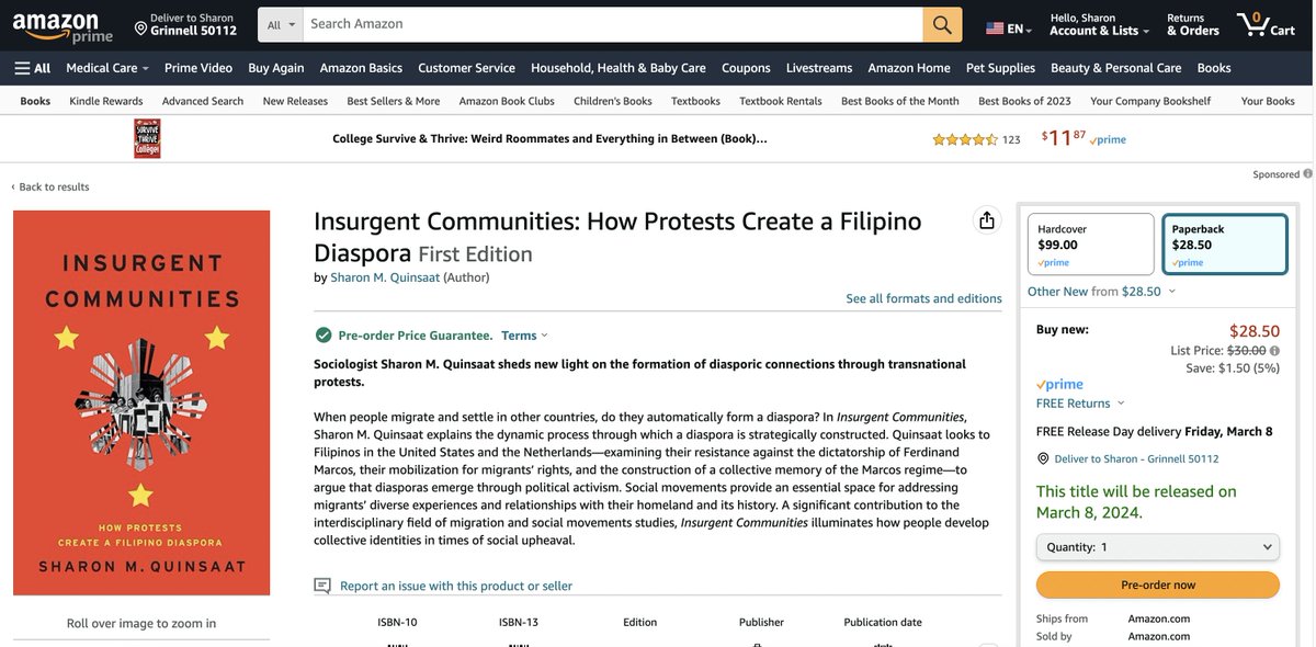 My book published by @UChicagoPress is AVAILABLE FOR PRE-ORDER in Amazon!

Insurgent Communities: How Protests Create a Filipino Diaspora a.co/d/1HxUc9g #Amazon via @Amazon 

#SocAF #AcademicTwitter #SocTwitter #AcademicChatter #Diaspora #SocialMovements #FilipinoScholar