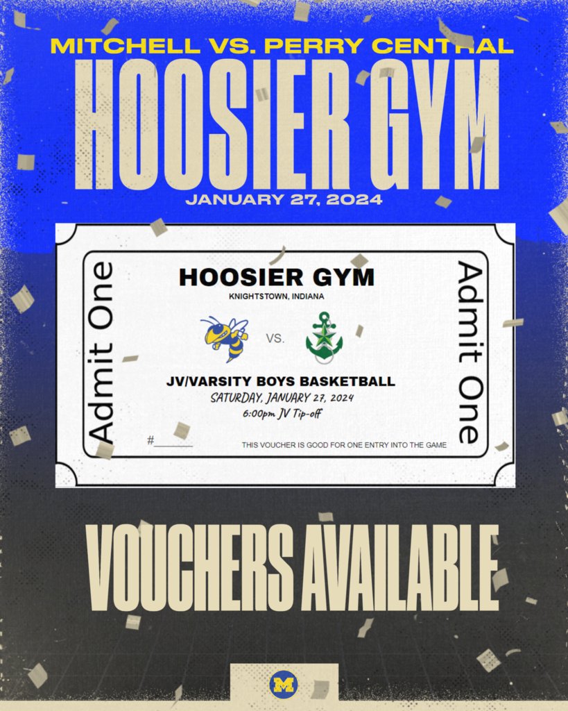 Athletics UPDATE: Perry Central vs. Mitchell at HOOSIER GYM January 27, 2024. Athletic Department has Vouchers for anyone interested in attending. Each voucher is good for 1 ticket purchase at the door. Only 600 seats available at the Gym. Get your Vouchers starting Monday.