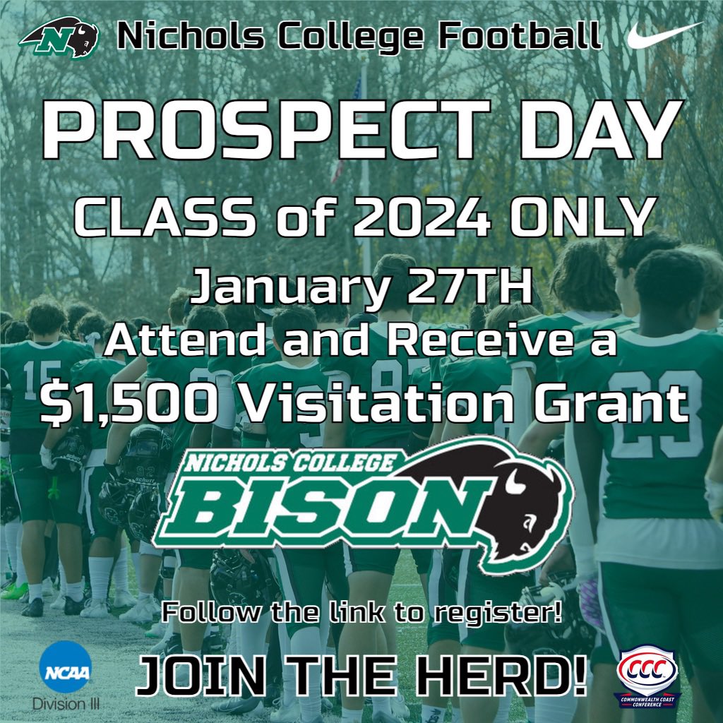 NicholsBisonFB's tweet photo. Attention 2024 Prospects Only ‼️‼️
Just 7️⃣ Days Away from our
Bison Football Prospect Day 🦬
Receive a $1,500 Visitation Grant 💰
Learn more about the Student-Athlete Experience on the Hill 📍
Register Here ⬇️⬇️
https://t.co/sbnjHfhI5f https://t.co/GXubUy40d3