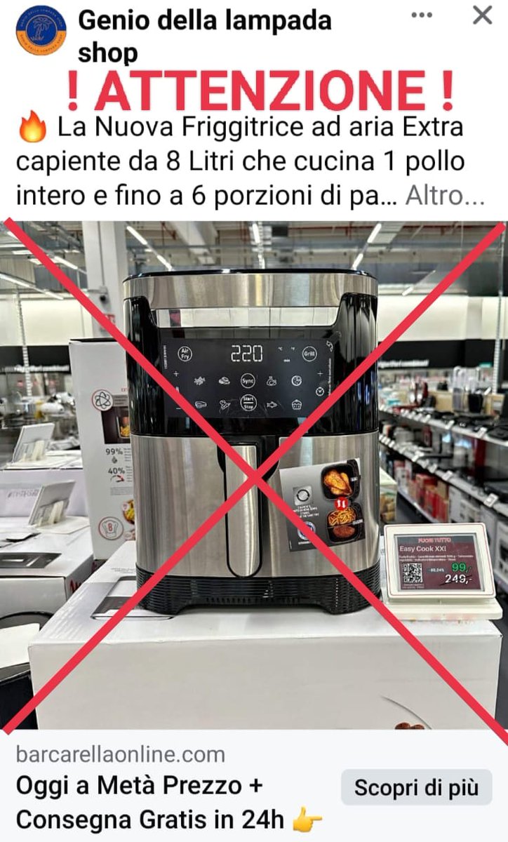 GenioShop's tweet photo. COMUNICAZIONE IMPORTANTE :
Ci sono arrivate moltissime segnalazioni su un presunto "Genio della Lampada Shop" che venderebbe friggitrici ad aria, e in molti ci state contattando pensando che siamo noi. Vi comunichiamo che non abbiano niente a che fare con queste inserzioni! https://t.co/uJAQ8y2Gbq