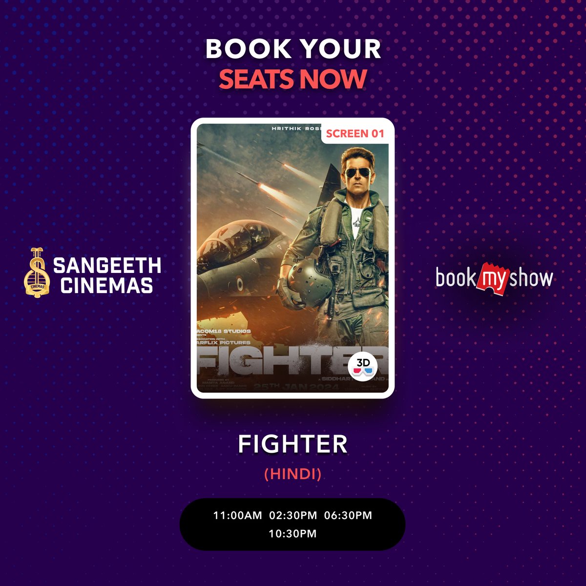 FROM 25 (#thursday), go on a cosmic adventure.  Higher, further, faster 

Experience 3D #Fighter  at Sangeeth #cinemas

#FighterMovie #indiancinema #3D