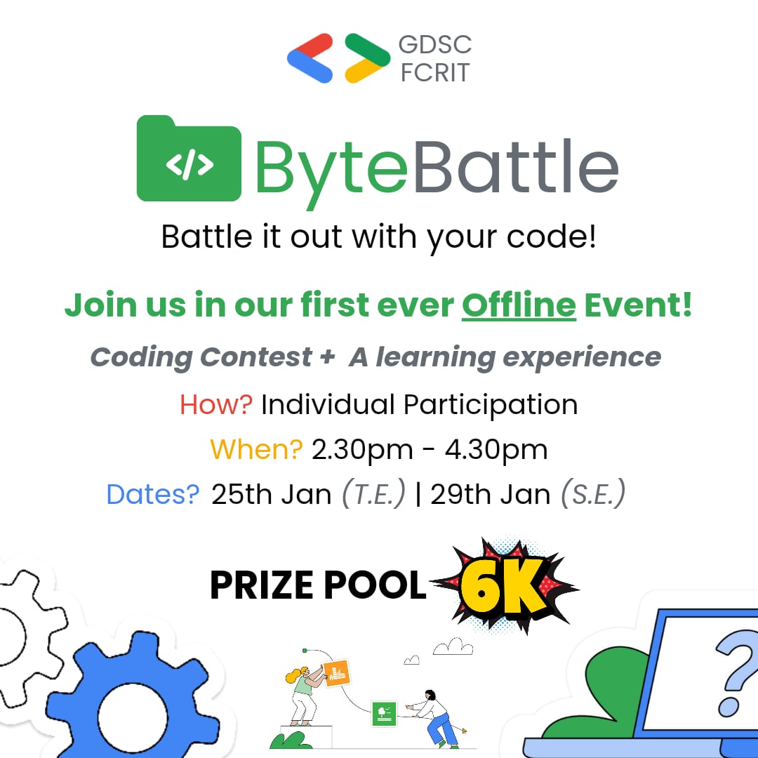 gdscfcrit's tweet photo. 🌟 Exciting News! 🌟 GDSC FCRIT presents its first-ever offline event: ByteBattle - An Exhilarating Coding Contest! 💻🚀 Whether you're a beginner or a coding pro, this is your chance to shine. Join us for the thrill of the competition! #ByteBattle #CodingContest #GDSCFCRIT 🚀💻 https://t.co/j0uYYZ7GDH