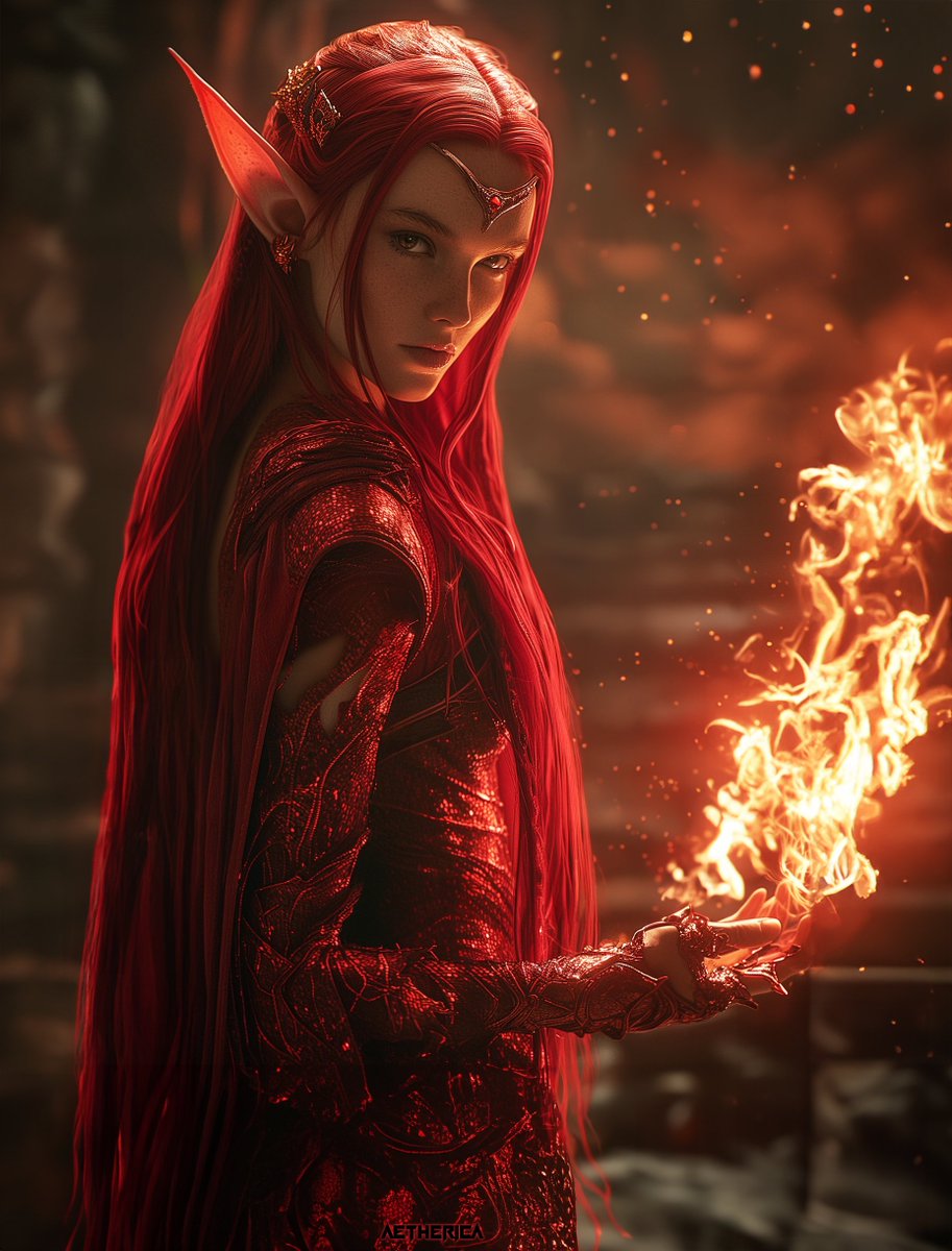 AethericaX's tweet photo. Character: Xefyr Mage
One of the three classes of Magi Elf, the Xefyr Mages wear red. The Xefyr flames burn differently, as the essence of the fire is taken from the element Xeon.
World: #XeonPrime | #Worldbuilding | #MidjourneyV6 | #ConceptArt
