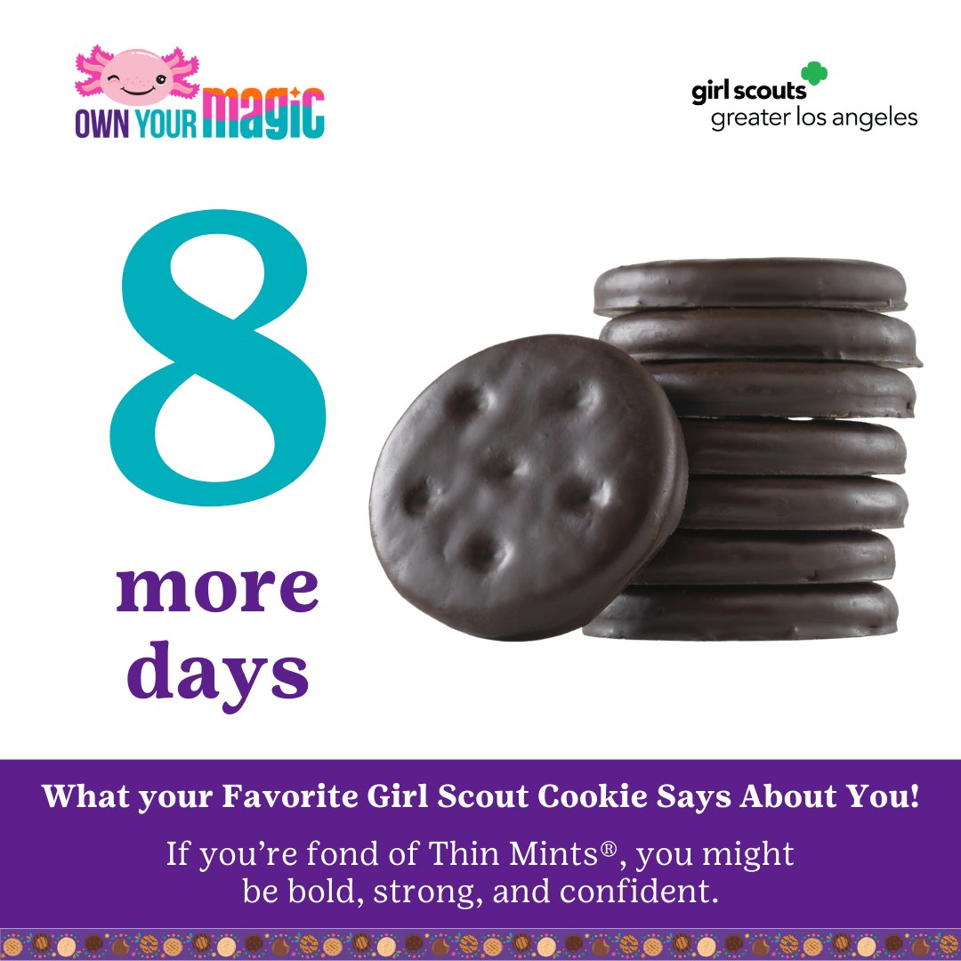 GirlScoutsLA's tweet image. 🍃🍫 8 days and counting! Thin Mints, the cool, minty treat that's perfect straight from the freezer, are almost here. Are you as excited as we are?  

#ThinMints #GirlScoutCookies #GirlScouts #GSGLA

girlscoutsla.org/en/cookies.html