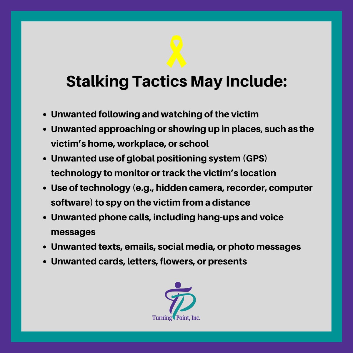 TurningPointMac's tweet image. While stalking looks different in every situation, it can be helpful to have an understanding of what tactics may be used. If someone tells you that they are being stalked, believe them and consider sharing Turning Point's 24-Hout Hotline number.