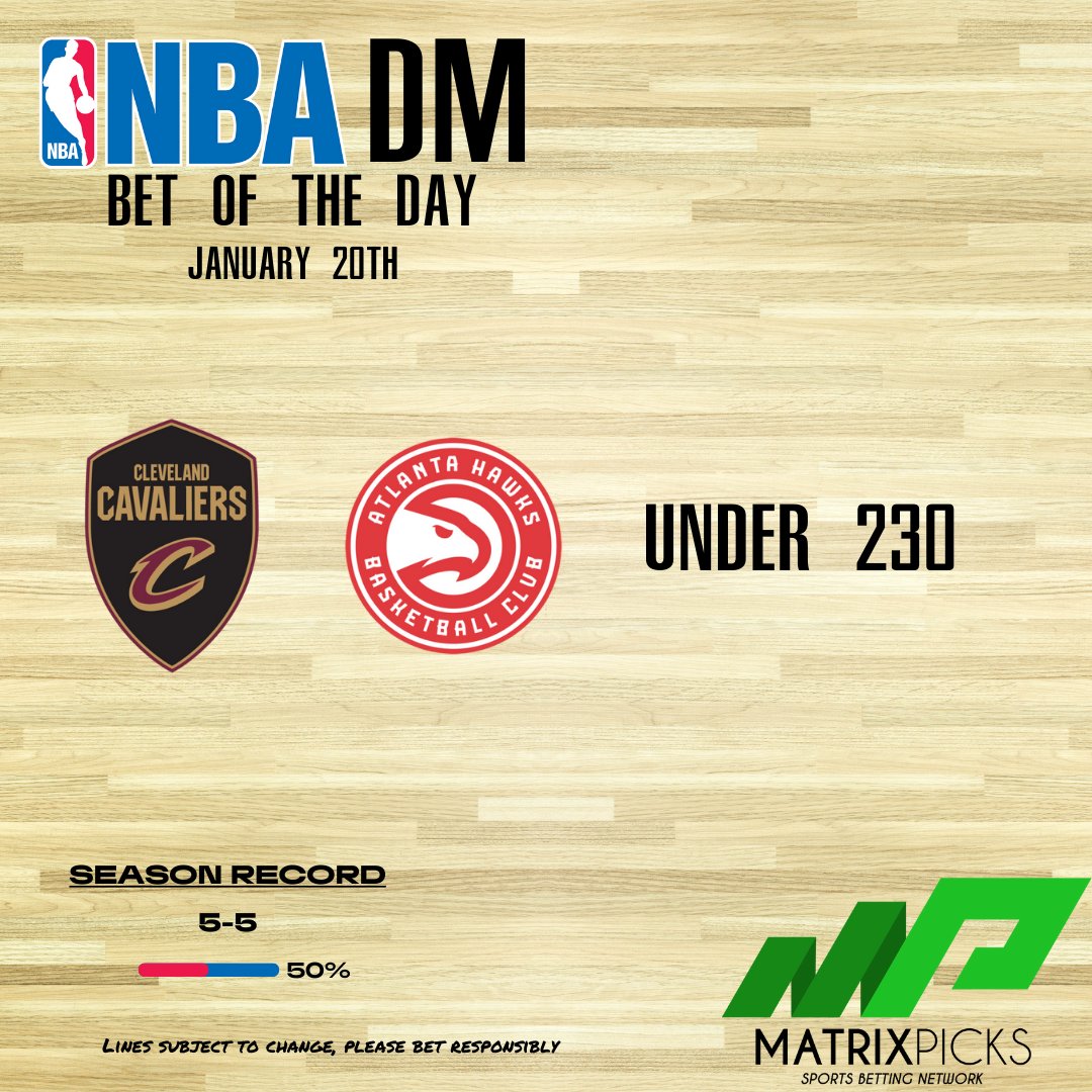 MatrixPicksSBN's tweet photo. Bounce back day incoming for NBA DM today with the UNDER in the Cavs at Hawks tonight. 

Cavs @ Hawks UNDER 230

#NBABets #NBABetting #SportsBets #Betting #BettingX #BettingInstagram https://t.co/9PxxXl6SKC