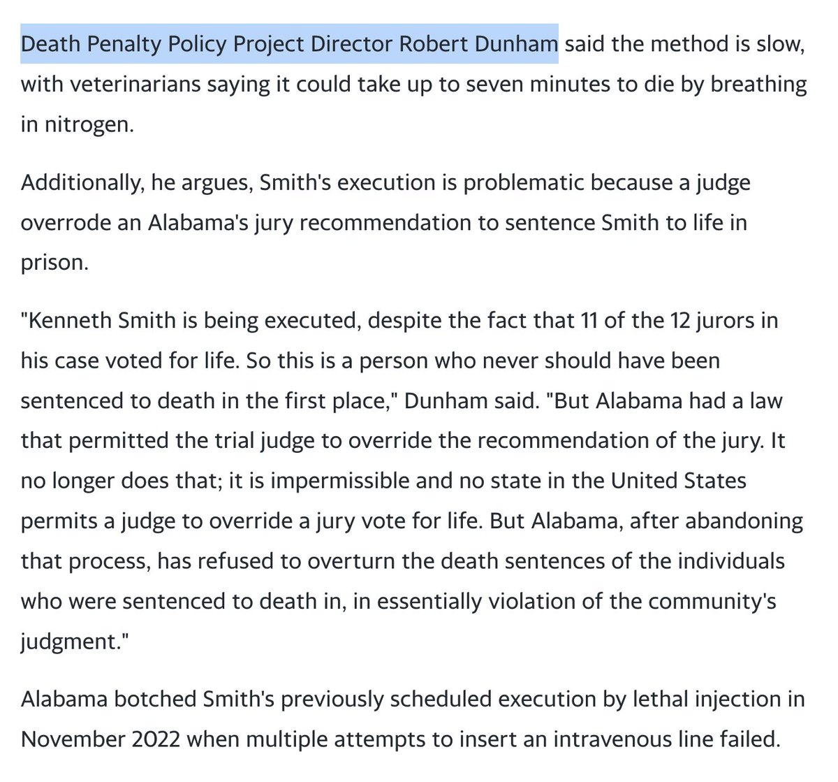 'Kenneth Smith is being executed, despite the fact that 11 of the 12 jurors in his case voted for life. So this is a person who never should have been sentenced to death in the first place,' @RDunhamDP said. @PHADP @AlabamaArise #Alabama #deathpenalty