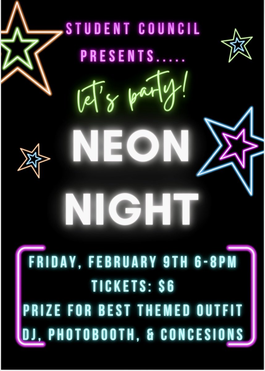 Our next dance, NEON NIGHT, will be February 9th from 6-8pm. We are getting professional black lights to make your neon really POP!  Come with your glow/ neon attire and come party with us! Each student will receive a glow bracelet and glow necklace. It’s about to go down!
