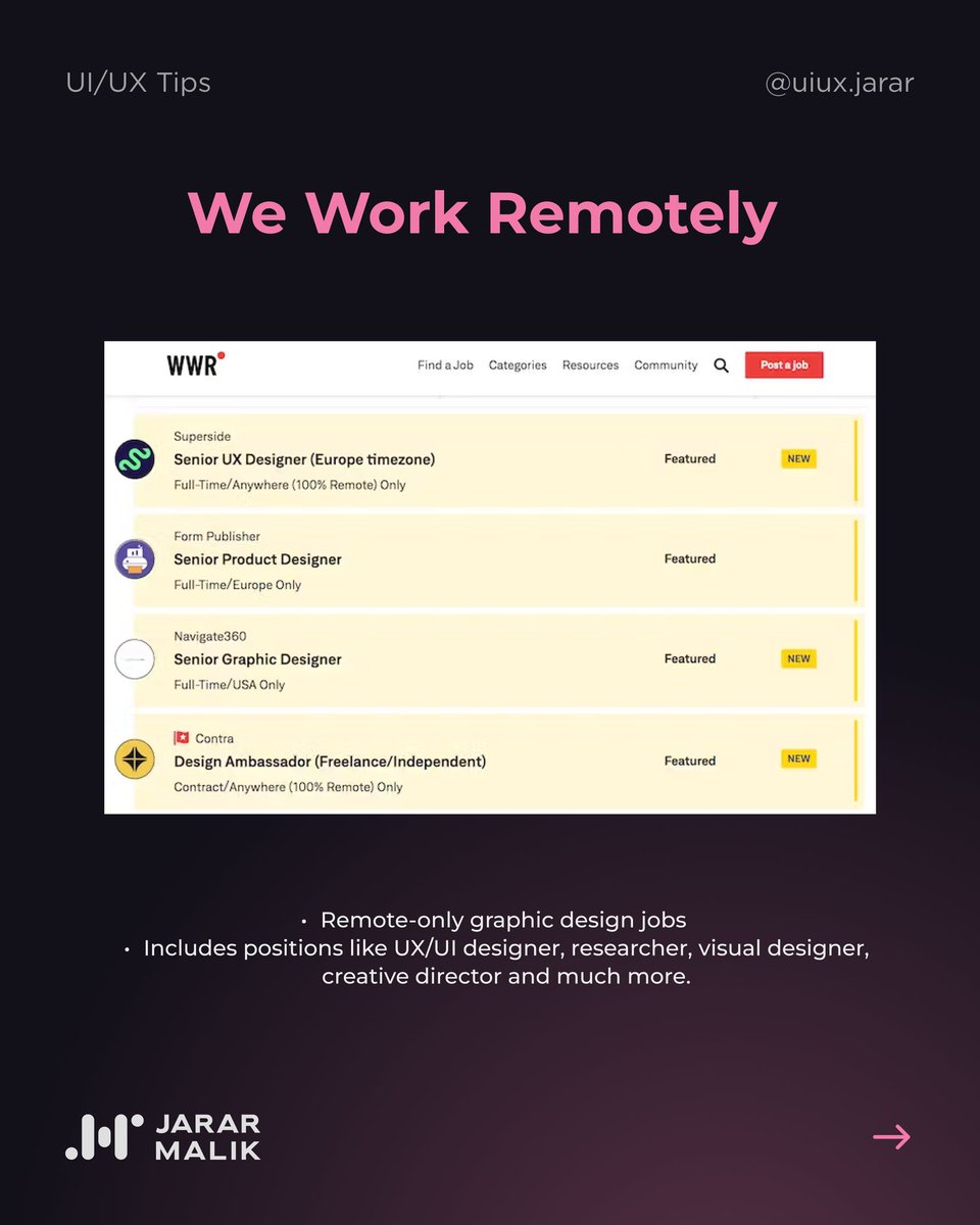 Design job seekers, assemble!📢

Level up your search with these top websites for landing your dream design gigs!💪

Reposts are highly appreciated!💜
-
#uiux #figma #designresources #designjobs #dribbble #aiga #graphicdesign #thedesignkid #userinterface #webdev