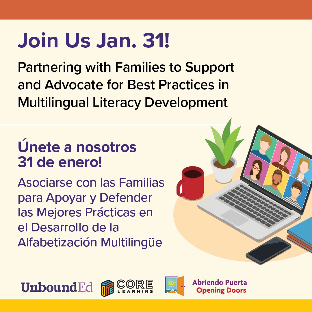 Join us Jan. 31 to explore a promising approach to partnering with families to support and advocate for #MultilingualLiteracy development. You’ll hear from program participants and learn about next steps. Register: ubnd.org/3RYpUUJ @AP_OD_National, @COREInc