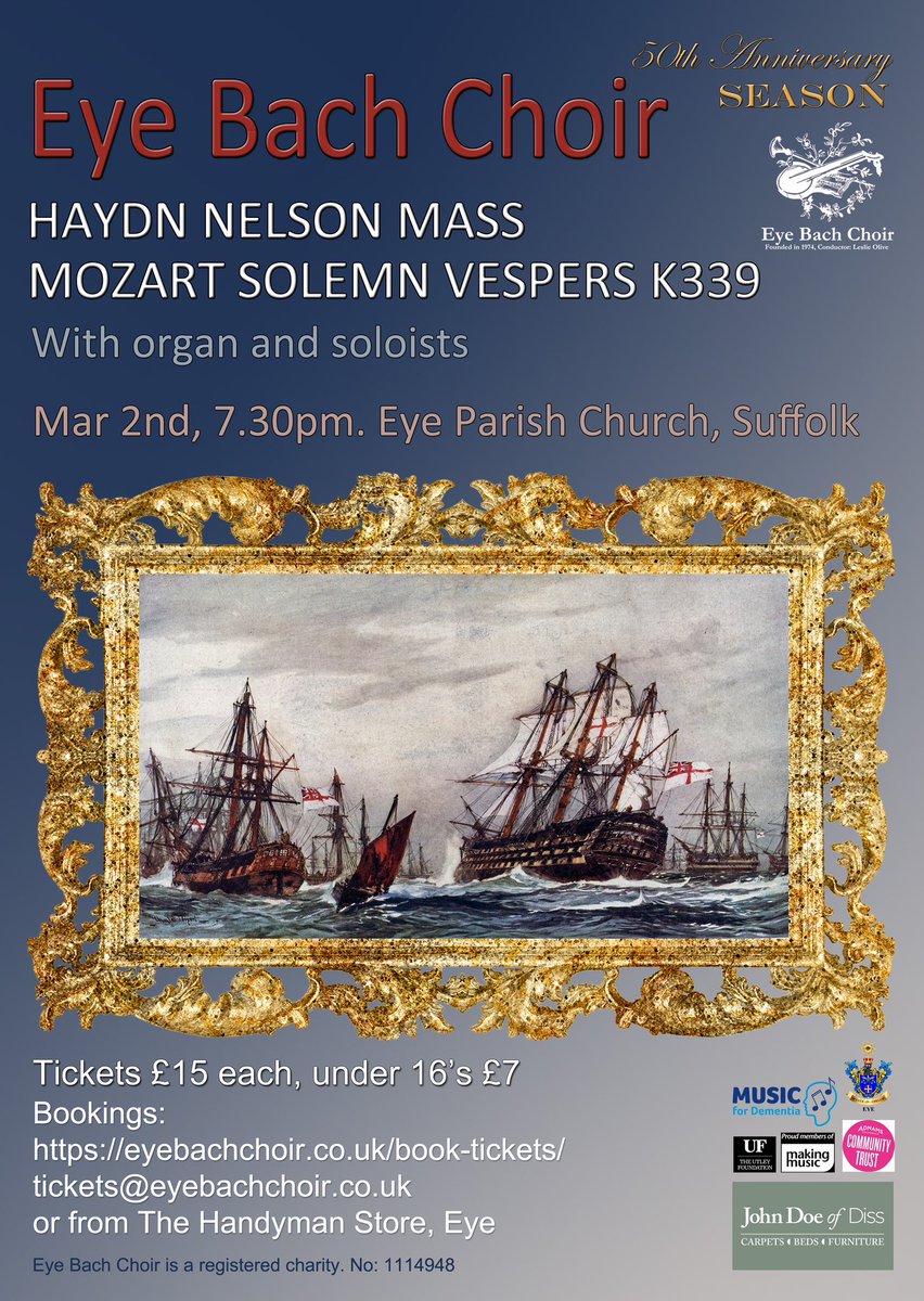 EyeBachChoirSu1's tweet photo. EBC performs Haydn Nelson Mass, Mozart Solemn Vespers K339 with soloists and organ. March 2nd. 7.30pm, Eye Parish Church. On sale now. Book via link in bio.
@Eye_Suffolk 
#haydn 
#mozart 
#choralconcertsuk
#eventssuffolk https://t.co/LepmpEimxQ