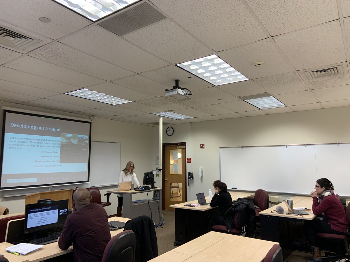 DrGeorge_MU's tweet photo. Enjoying an inspired day of learning on the campus of @monmouthu. Doctoral students both in person &amp; synchronous online #HighFlex #HybridLearning discussing educational equity and qualitative research. Lead on… Learn on… @MUSOEleadership #MUSOE #flyhawks @MUschoolofEduca #MUEdD https://t.co/hc6lKwQLcc