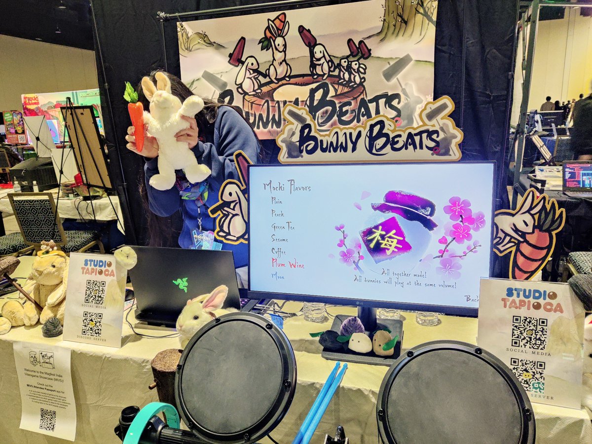 StudioTapioca's tweet image. Day 3 of #MAGFest2024 is here, and so is our leaderboard mochi challenge! 🏆🍡 Please stop by #MIVS Booth 24 to participate and get one of these cute pins (while supplies last) - and other fabulous prizes for the top scorers! 🐇🎶