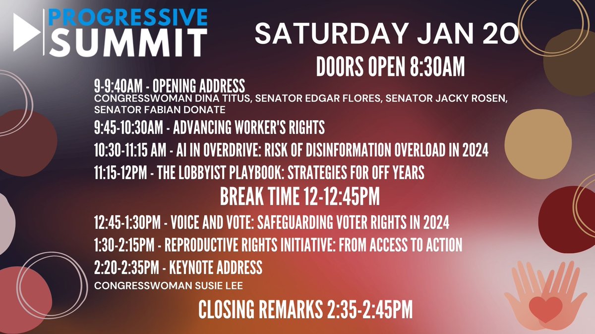 BattleBornProg's tweet photo. 🔥 🙌 Get ready to join us for a full day of awesome panels and discussions. TODAY is day 1 of #ProgressiveSummit. You can register  ✅ to attend at https://t.co/oO0s177OPR #WinIn2024 https://t.co/tZVwlqek1N