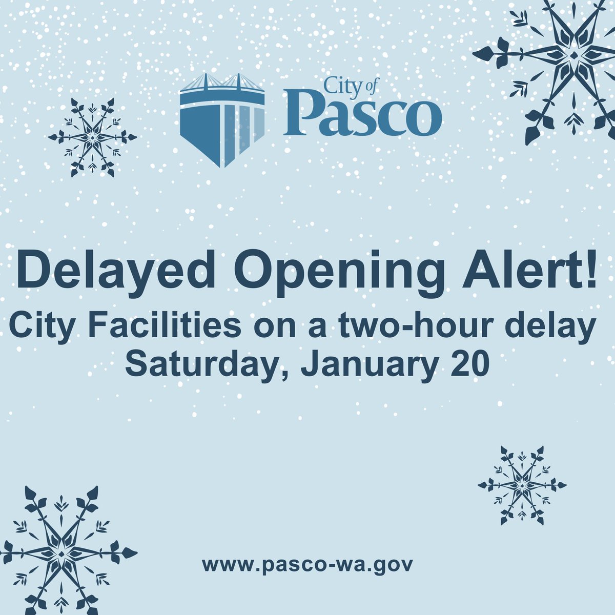 🚨 **Weather Delay Alert** 🕒
Due to icy conditions, City facilities normally open on Saturdays will open 2 hours late today, Jan 20. This includes:
- City Hall Gym
- MLK Center
- Bus/Train Depot
- Tri-Cities Animal Shelter

Stay safe, Pasco! ❄️