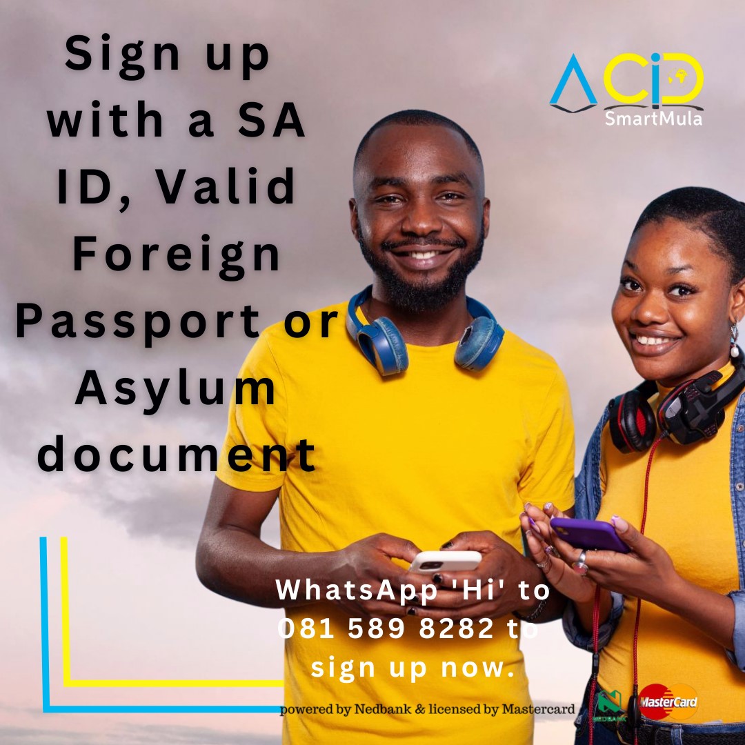 Yes! You can open an ACID SmartMula account using your SA ID, SA Driver's license, a valid Foreign passport, or Asylum Document.

Simply send 'Hi' on WhatsApp to 081 589 8282 and get started now!

#WelcomeToEasyBanking #ACIDSmartMula #BankingMadeEasy