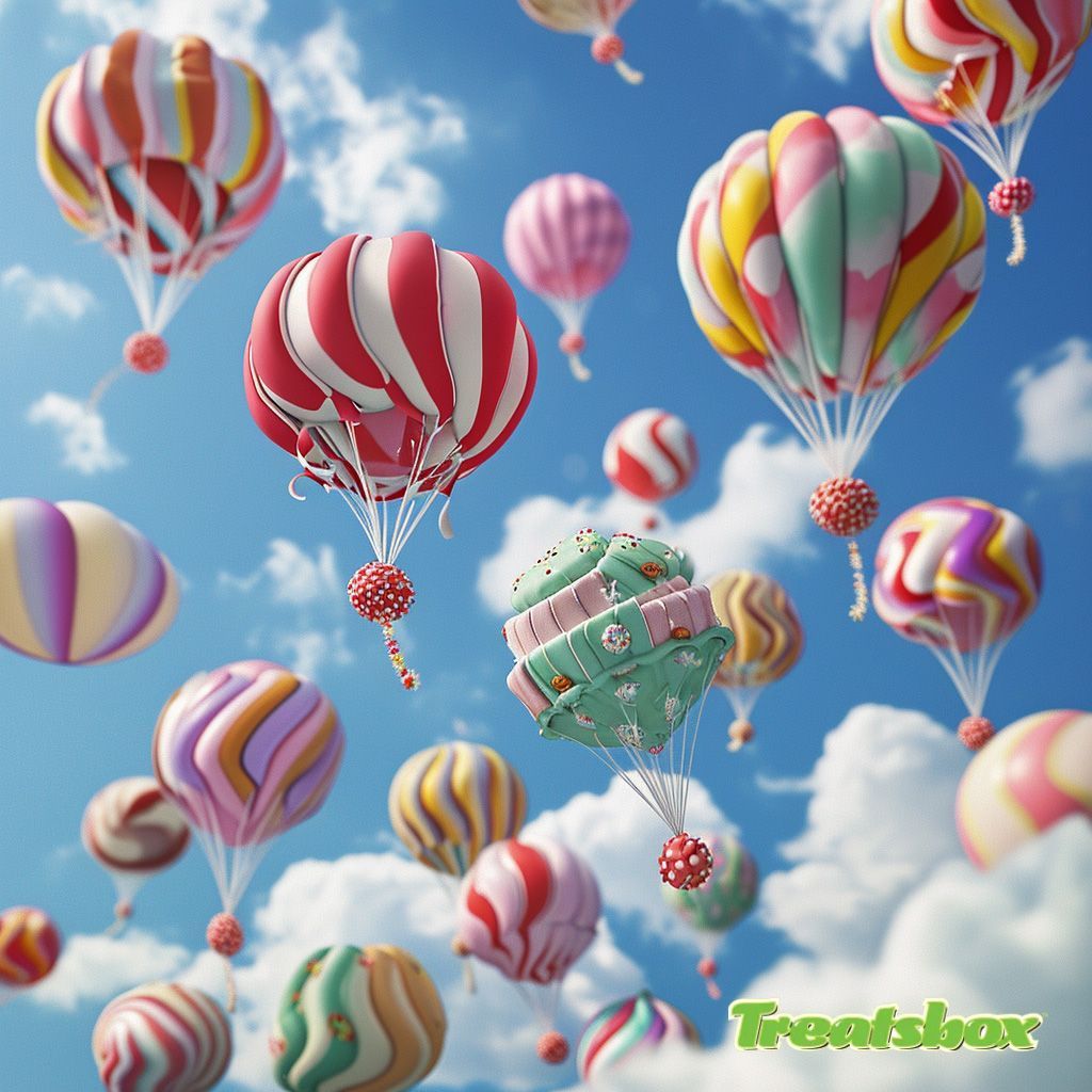 Floating Confections: When candies take a graceful plunge, turning the sky into a sugary symphony! 🎶🍬 

#CandyChuteSerenade #SkySweetness #DessertDescent #ConfectioneryCascades #SugarHighAltitude #SweetSurprise #treatsbox #candy #subbox #subscriptionbox #treats