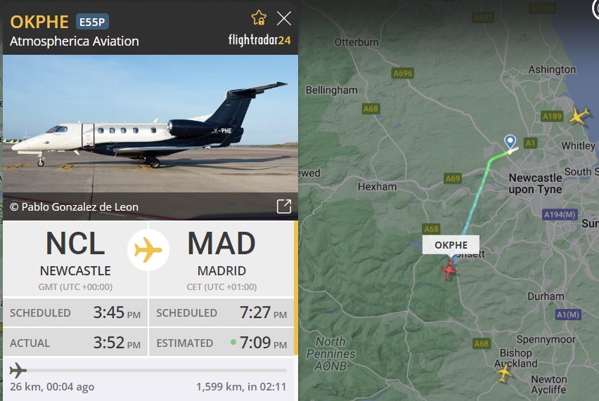 A private jet is en-route from Newcastle to Madrid on Saturday afternoon .... 🤔😎 #JustSaying #NUFC