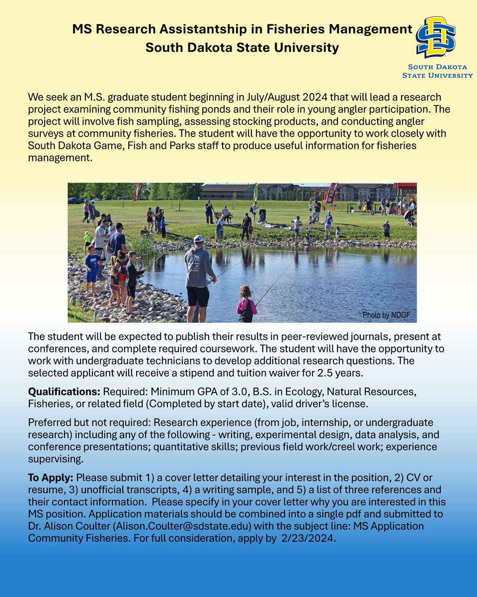 🐟MS Research Assistantship in Fish Management🐟
Project will investigate how community fishing ponds influence angler recruitment and retention. Student will survey fish populations, evaluate stocking products, and conduct creel. Link in the comments! <a href="/SDStateNRM/">SDStateNRM</a> <a href="/LabUNDerwater/">Mark Kaemingk</a>