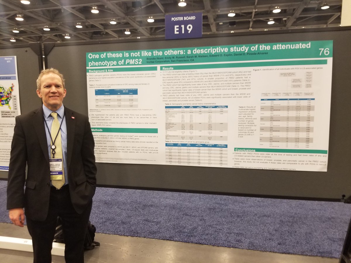 EdEsplin's tweet photo. "One of these is not like the others: A descriptive study of the attenuated phenotype of #PMS2" @ASCO #GI24 underscoring importance of #universal #germline #genetictesting for all #patients w/ #colorectalcancer, as not all #Lynchsyndrome genes are created equal

#access #reducedisparities #germlinetesting #precisionmedicine #precisiontherapy #clinicaltrials #precisionprevention #earlyonsetCRC @Invitae 

https://t.co/A1l0m9bPVY