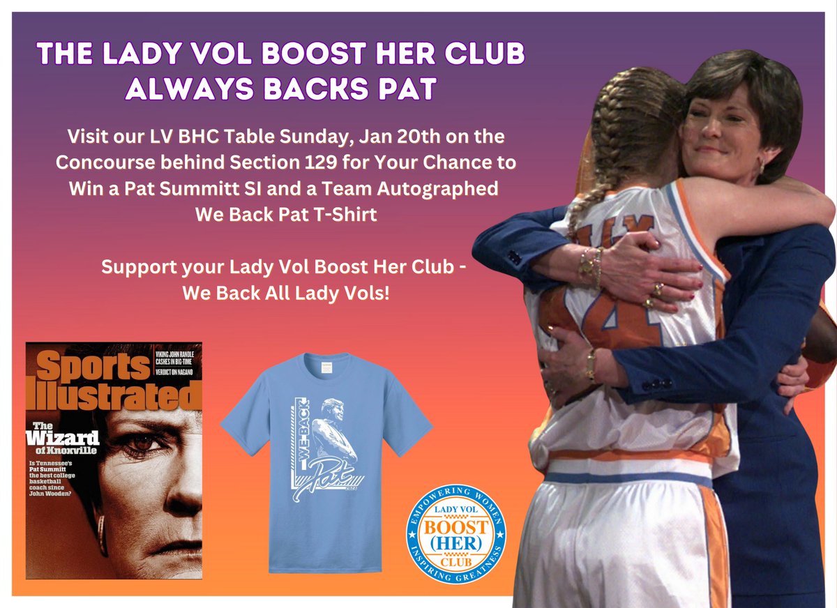 ladyvolbhc's tweet photo. Come see us tomorrow!!  Our Lady Vol Boost Her Club will have lots of Support for Pat!! 💜🏀
@LadyVol_Hoops @tamarikey___ @OrgMntDesigns https://t.co/jzQviVsoYA