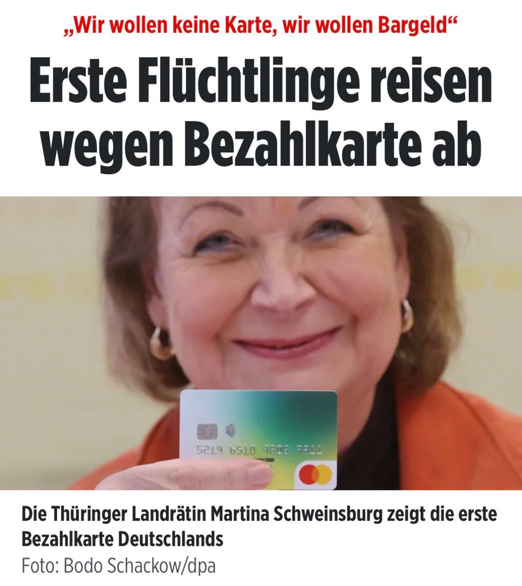 Im Thüringer Landkreis Greiz wurde die „#Bezahlkarte für Migranten eingeführt. 

15 Migranten sind bereits abgereist: „Wir wollen keine Karte, wir wollen Bargeld“.

Grund: Die Karte kann nur in der Region und nicht für Barauszahlungen genutzt werden.

Folge: Migranten können…