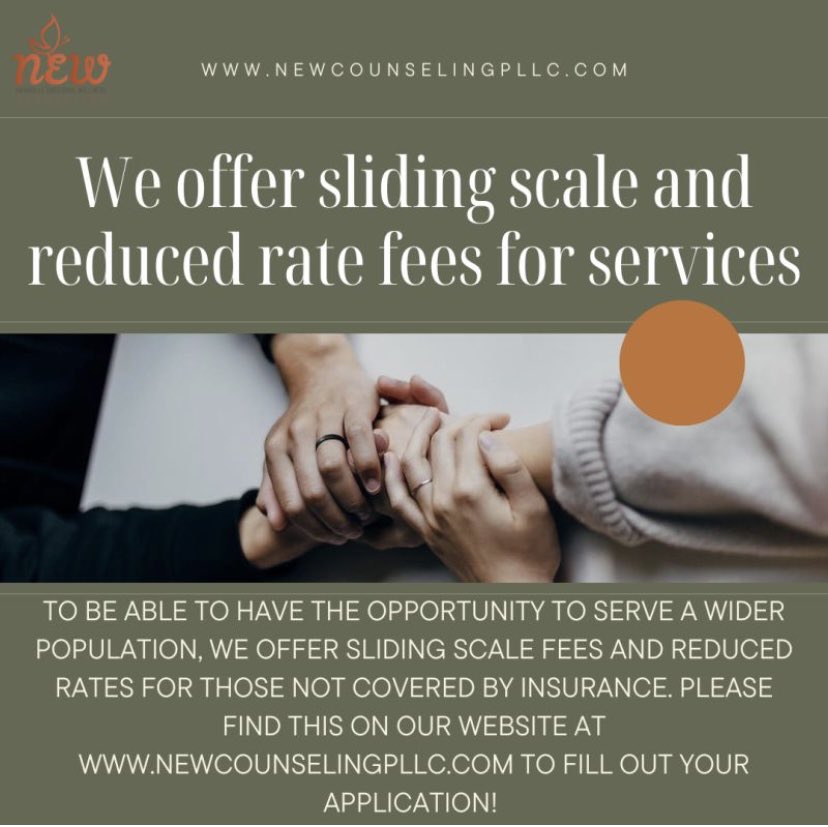 Nashville Emotional Wellness (NEW) Counseling, PLLC offers sliding scale/reduced rate scale to all NEW clients. It is our policy to make mental and emotional health services both accessible and affordable to all regardless of ability to pay. 
#mentalhealth #MentalHealthMatters