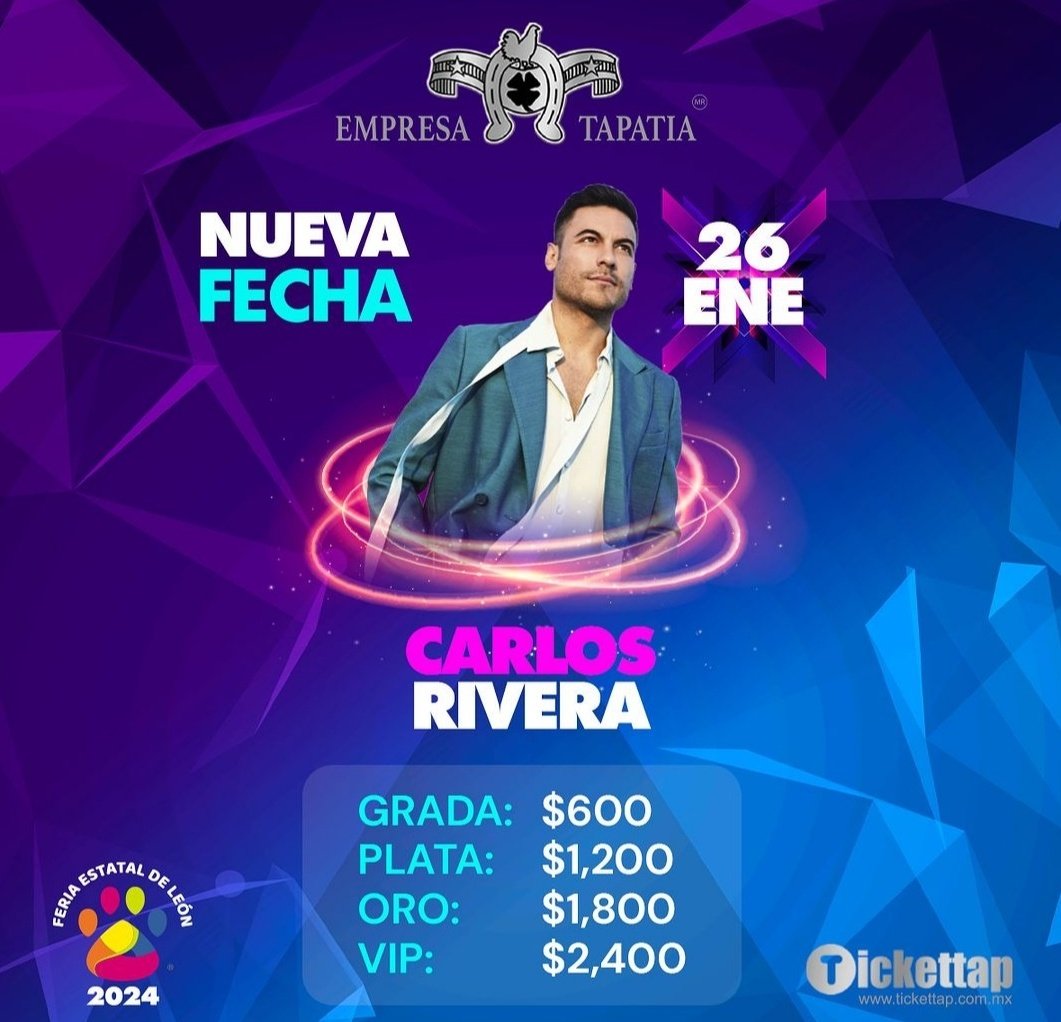 ali27gar's tweet photo. LEON GTO próximo 26 Enero nos espera una noche increíble al lado de @_CarlosRivera boletos en 👉 #Tickettap no se lo pierdan #UTATP #PorTi #Riveristas @CR_ClubPorTi @mikenoriega @jjuarezww @westwoodfans @WestwoodEntt @Sonymusic @PorTi_SedeQro https://t.co/PI3DKOCWHt