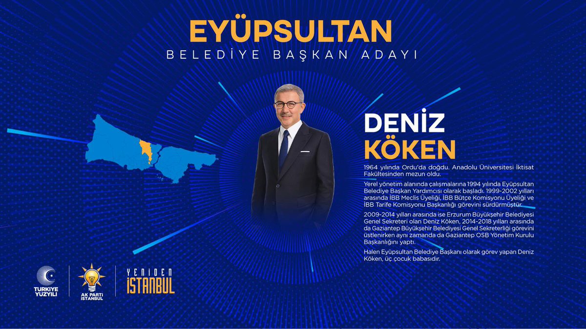 Partimizin  Eyüpsultan Belediye başkan adayı olarak açıklanan Sn. Deniz KÖKEN 'e hayırlı olsun diyor, başarılar  dilerim.

Kenan CİVAN
Ak Parti Eyüpsultan Belediye başkan aday adayı
<a href="/osmannnurika/">Osman Nuri Kabaktepe</a>
<a href="/murat_kurum/">Murat KURUM</a>
<a href="/Muhmmtvanlioglu/">Muhammet VANLIOĞLU</a>
<a href="/DenizKoken/">Deniz Köken</a>
#YineYenidenEyüpSultan