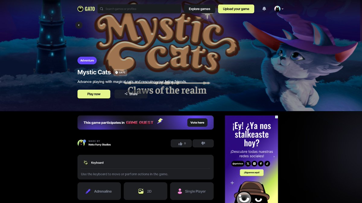 NekoFantasyProd's tweet photo. 2/2
And for a special occasion🤩, you can unlock the first 3 cats with just 1 button🤯 and experience being an all-powerful cat.

The game is available for the Web 💻(WASD and mouse), enjoy this version for a limited time:
https://t.co/KMmY2bma0j

#videogame #neko #anime #fantasy https://t.co/n3Pyv35FOO