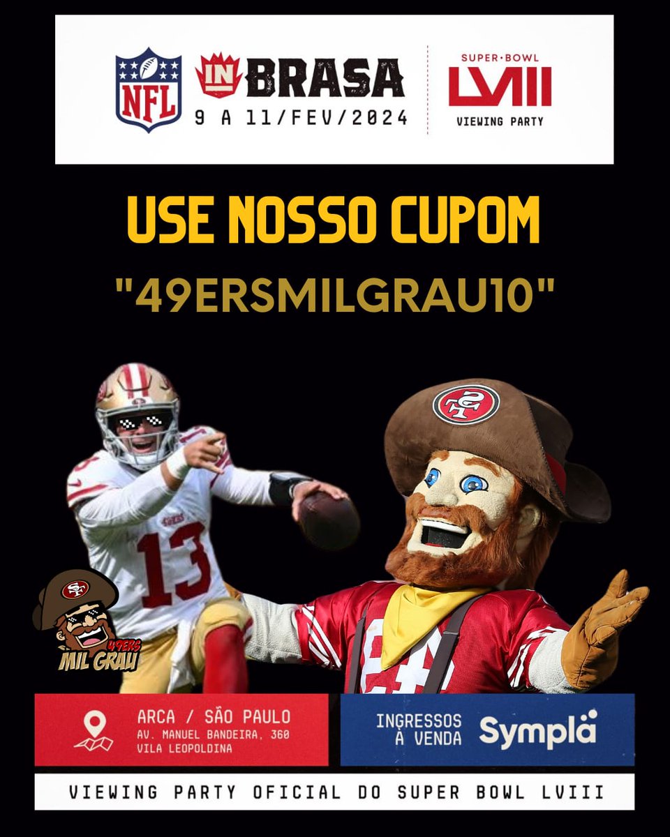 49ersmilgrau's tweet photo. Amigos e amigas a NFL chegou oficialmente no BR e está no seu segundo evento oficial em SP 🇧🇷🏈

O Mil Grau está garantido e nossos seguidores não vão ficar de fora! 

Usando nosso cupom *49ERSMILGRAU10* você tem 10% de desconto para curtir o NFL in Brasa. VAI SER INSANO 🔥🔥🔥 https://t.co/Lztb39pMfI