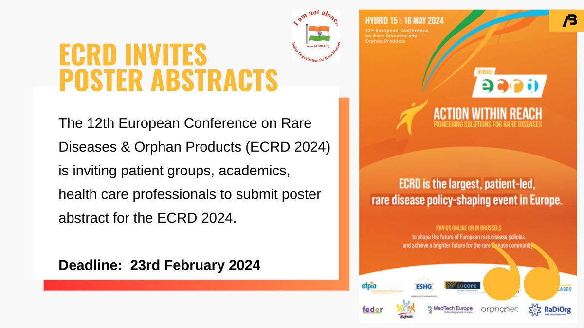 The 12th European Conference on Rare Diseases & Orphan Products is inviting patient groups, academics, health care professionals to submit poster abstract for the ECRD 2024. #ECRD2024 #ActRare2024 Deadline: 23rd Feb 2024 For more details, plz visit: rare-diseases.eu/posters/