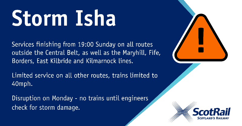 ScotRail's tweet photo. ⚠️ Due to the forecast severe winds, we'll end services from 19:00 on tomorrow (21 Jan) on all routes outside the Central Belt, as well as services to/from Fife, Borders, Maryhill, East Kilbride and Kilmarnock. /1