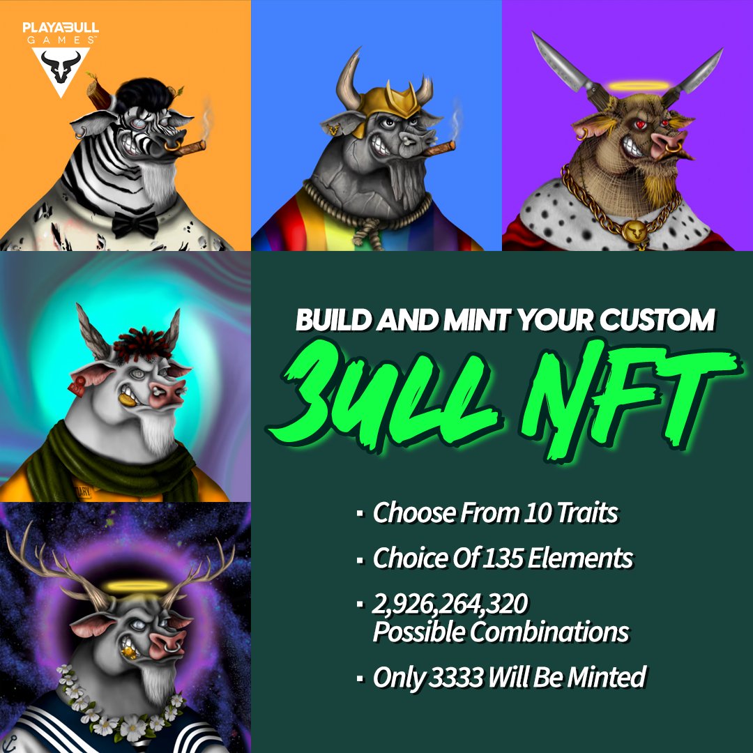 PLAYA3ULL_GAMES's tweet photo. Unleash Your Creativity! 🎨💎 Build and Mint your very own custom 3ULL NFT now!. Act fast, as only 3,333 of these unique NFTs will ever exist!

BONUS: Owners of a 3ULL NFT earn 5% more in 3ULL Coin when achieving the daily task of 1x Team Win; and Playing for 1x hour in NEXUS! 🙌

Mint A 3ULL here: https://t.co/uW3pBzP1SZ

#NFT